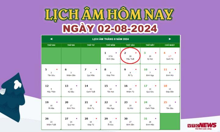 Xem lịch âm hôm nay ngày 2/8/2024