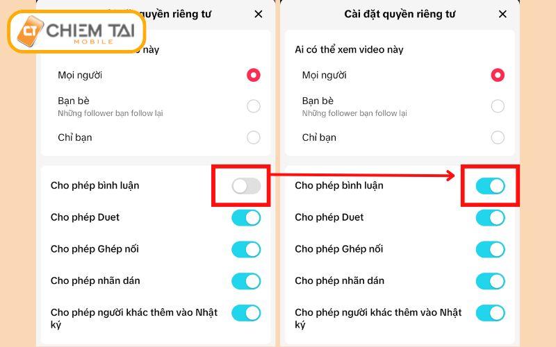 gạt trạng thái cho phép bình luận sang màu xanh